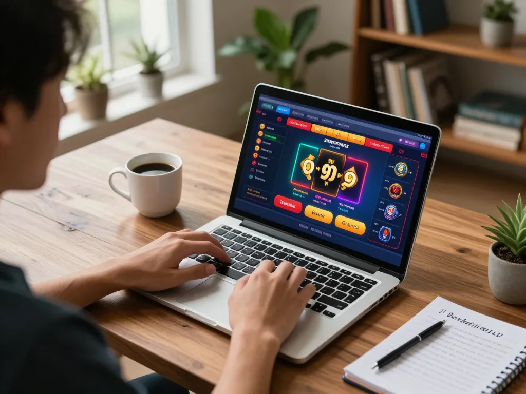 Engaging moment of a player using the 90phut platform for online sports betting at home, showcasing a vibrant and interactive experience.