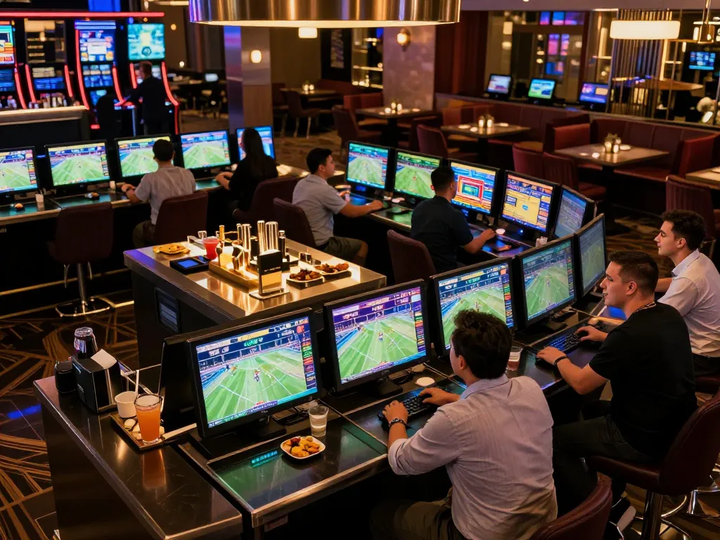Fans excitedly checking kết quả bóng đá in a vibrant casino sports betting lounge during match day