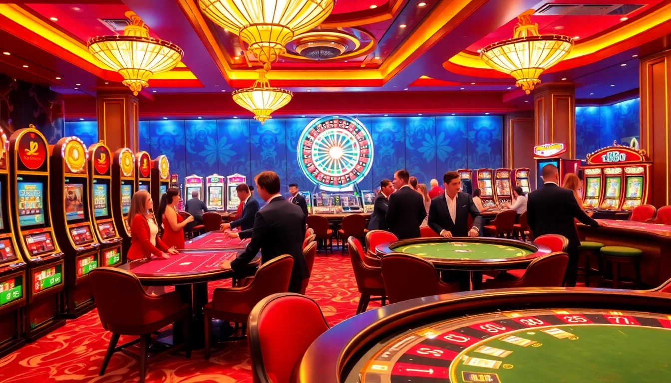 Experience the excitement of TK88 casino with players enjoying games at vibrant tables and slot machines.