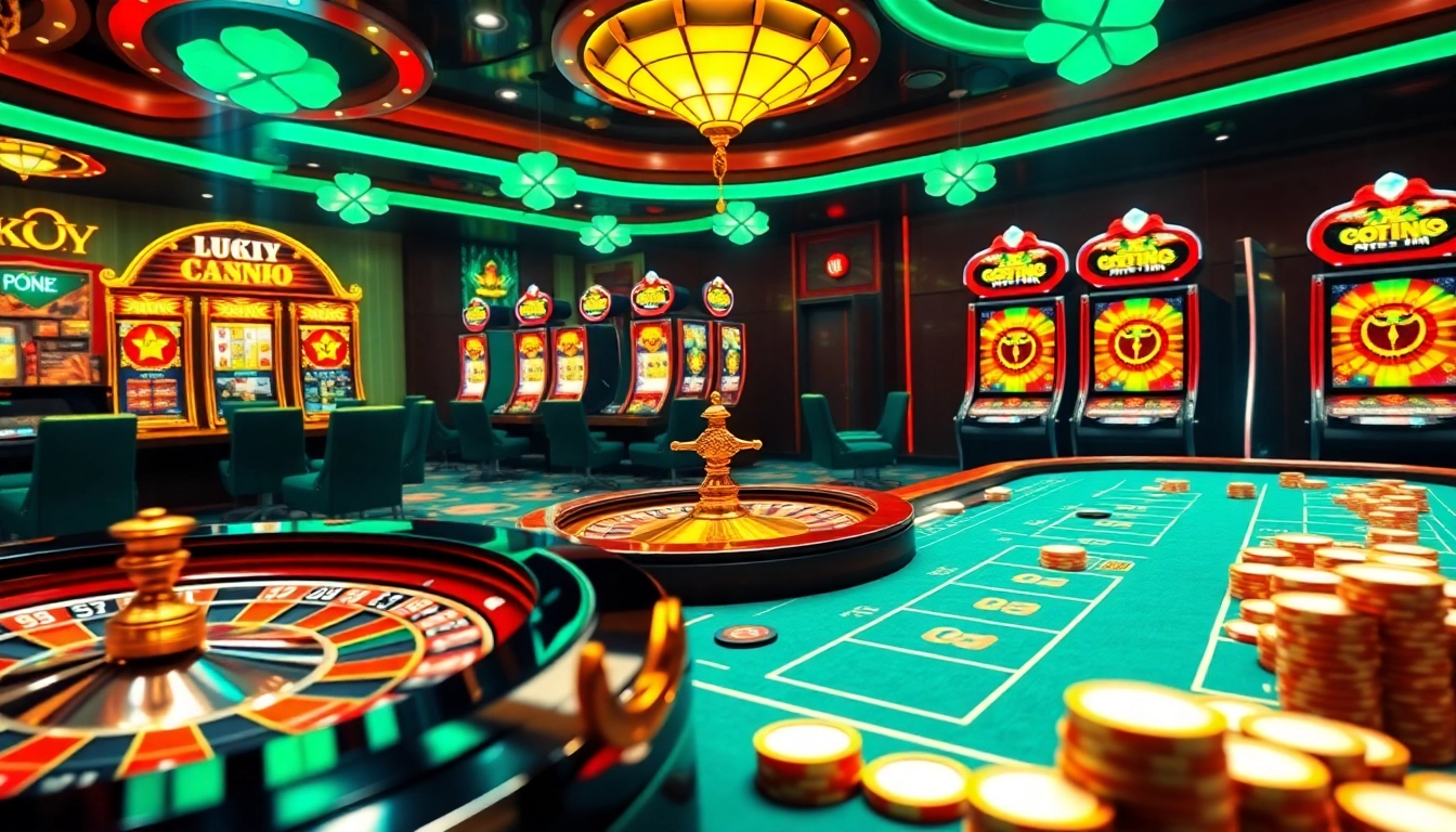 Luckywin players enjoying an immersive casino experience with vibrant slot machines and roulette tables.