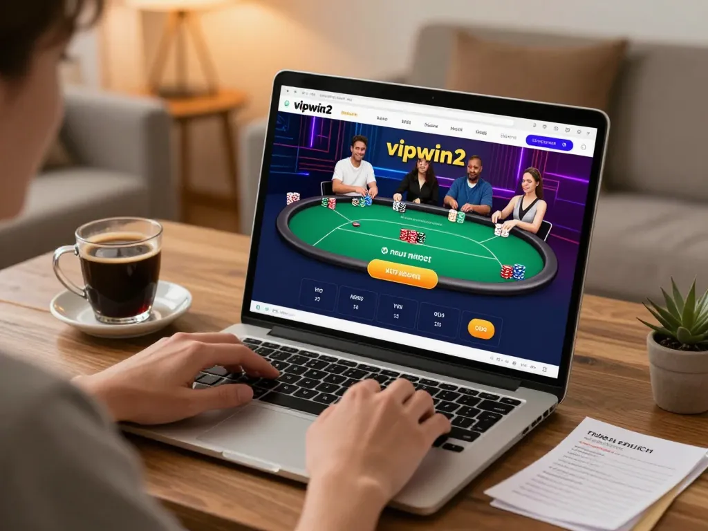 Engaged user playing poker on vipwin2 site from a cozy home setup with warm ambiance.
