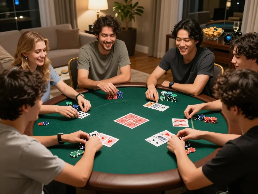 New88 players enjoying a friendly poker game at home with vibrant chips and cards visible.