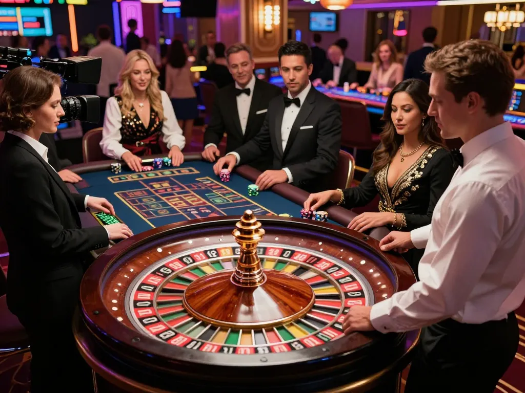 Experience thrilling gaming at ok365 with excitement at the roulette wheel in a luxurious casino setting.