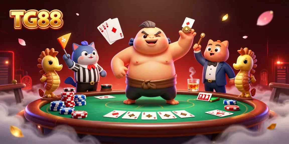 Engage in thrilling poker action with TG88 featuring a dynamic scene of characters in a vibrant casino atmosphere.