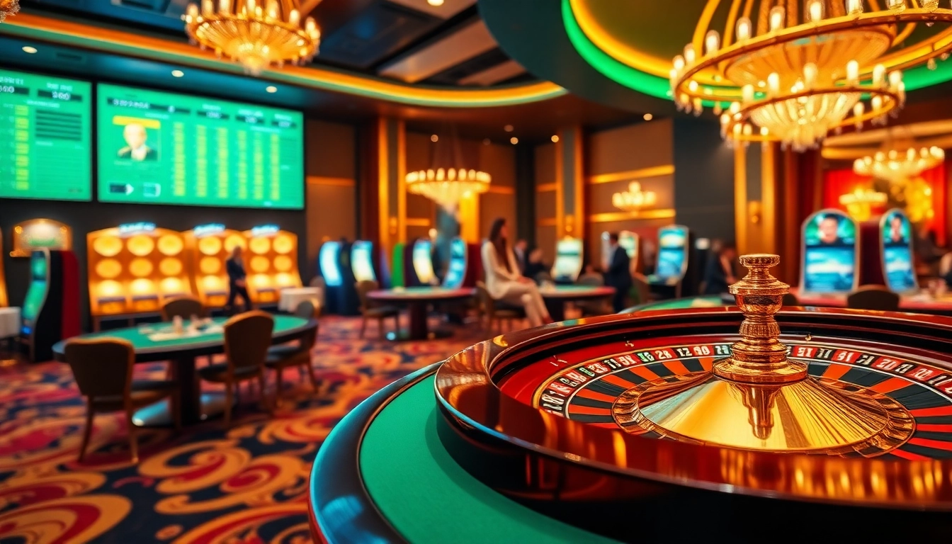 Engaging gambling scene at https://ee88.gb.net/ with players at a poker table, vibrant slot machines, and a spinning roulette wheel.