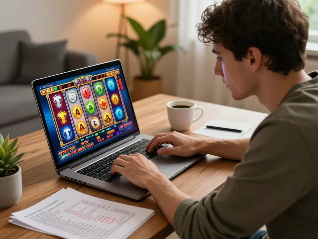 Engaged player exploring go99 online slots game on laptop with strategy notes beside.