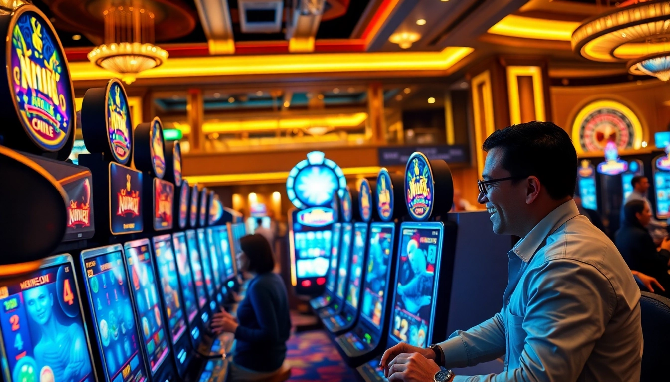 Nổ Hũ slot machines lighting up the luxurious casino, embodying excitement and winning opportunities.