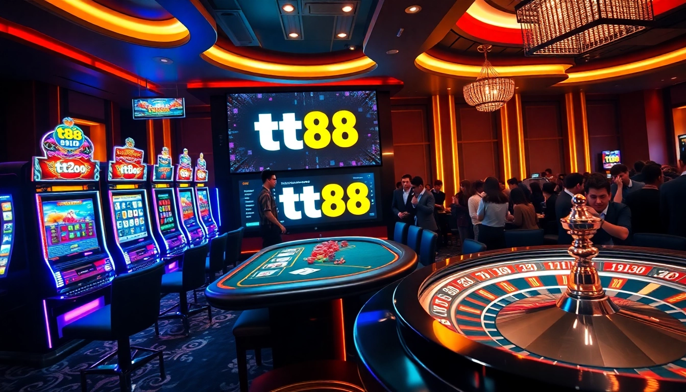 Players enjoying exclusive gaming experiences at TT88's casino with vibrant slot machines and elegant poker tables.