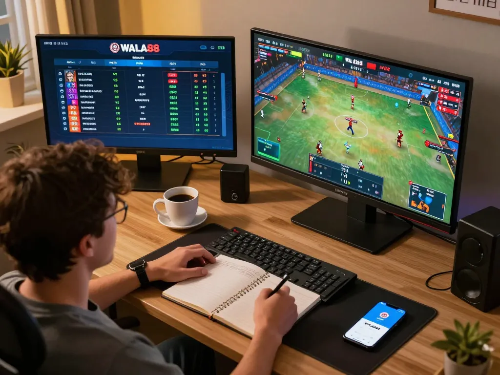 Seamless online gaming experience with WALA88, showcasing live chicken fights and betting options on multiple screens.