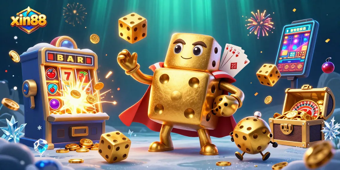 Play to win at xin88 with vibrant casino games and golden dice in a colorful, dynamic gambling scene.