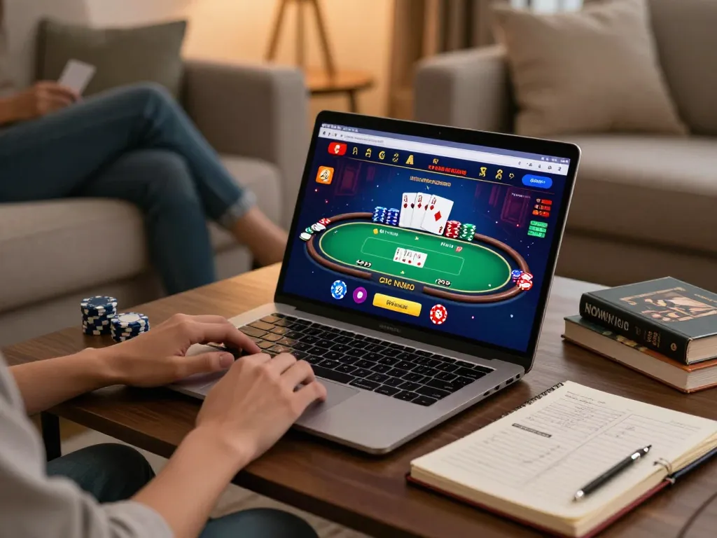 Players engaging with xin88 online poker interface on a cozy living room setup, showcasing strategic gameplay.