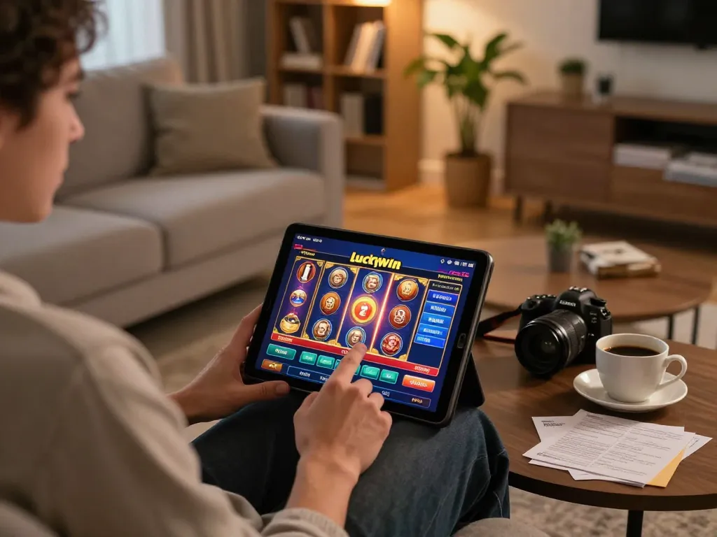 Playing slots on Luckywin while relaxing at home, showcasing a cozy gaming setup with tablet and notes.