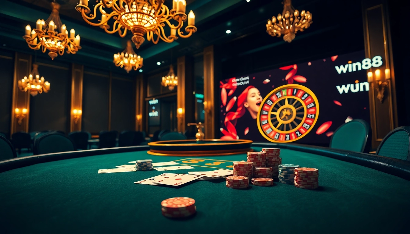 Win 88 casino scene showcasing a luxurious blackjack table with chips and a roulette wheel.