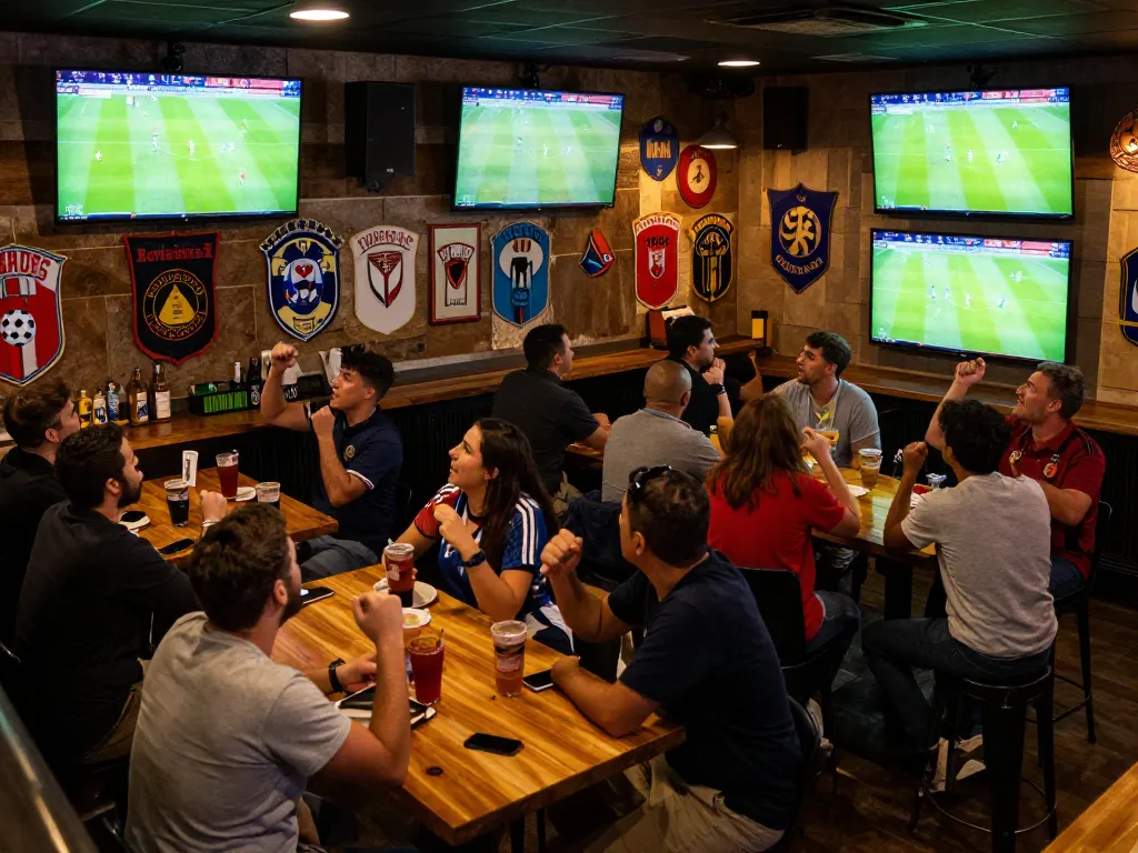 Fans cheering while watching live football on Luongsontv at a vibrant sports bar.