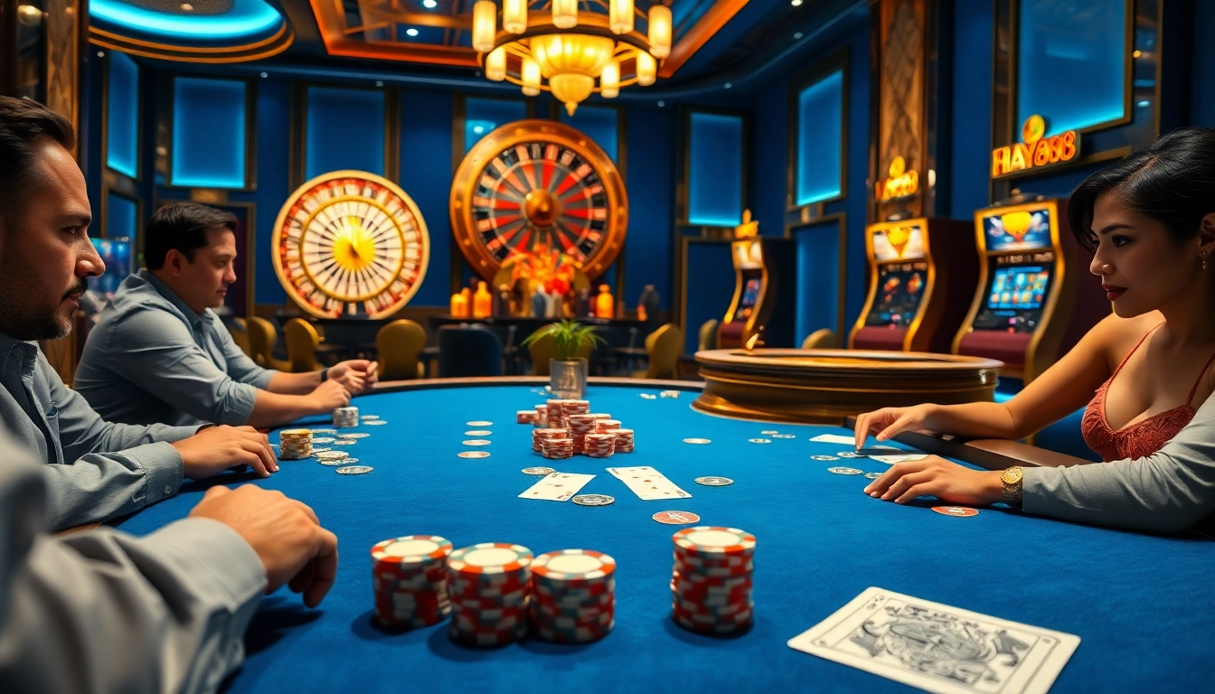 Players at a HAY88 poker table strategize and compete in a vibrant casino atmosphere.