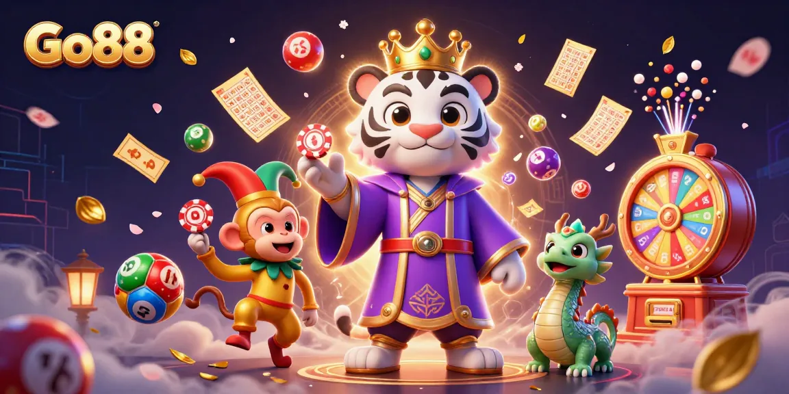 Engage with Go88's vibrant gaming universe featuring colorful lottery elements and dynamic character interactions.