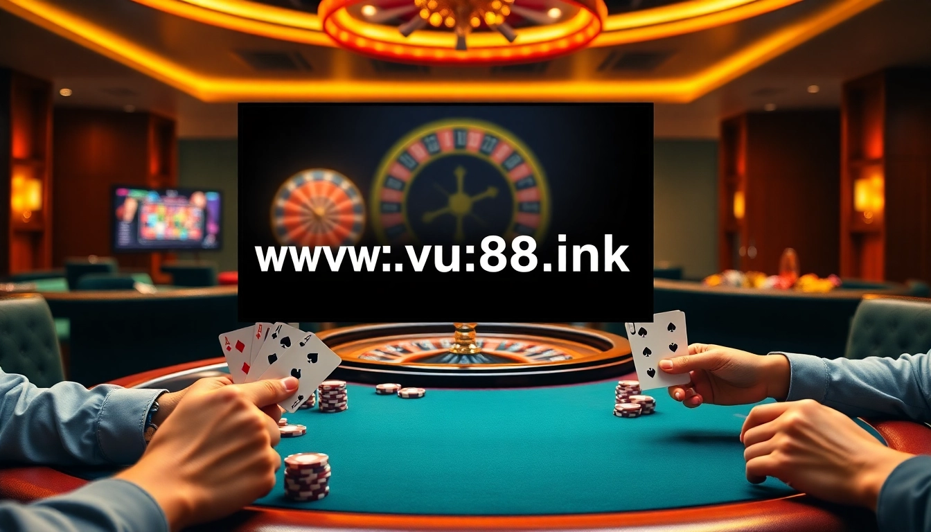 Engaging scene at a poker table promoting https://vu88.ink/ with dynamic betting action.