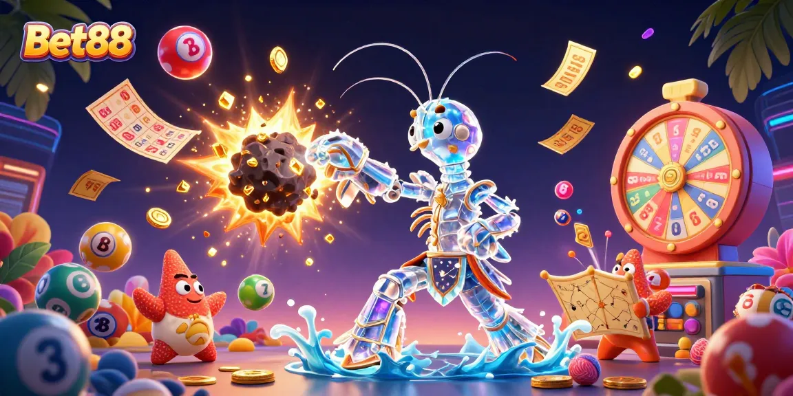 Engage with thrilling games at Bet88, featuring vibrant lottery balls and exciting prize elements in a dynamic casino scene.