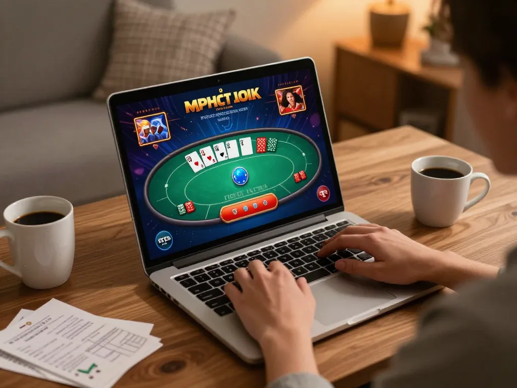 Player enjoying online poker at home using XX88 casino platform with warm lighting and cozy setup.