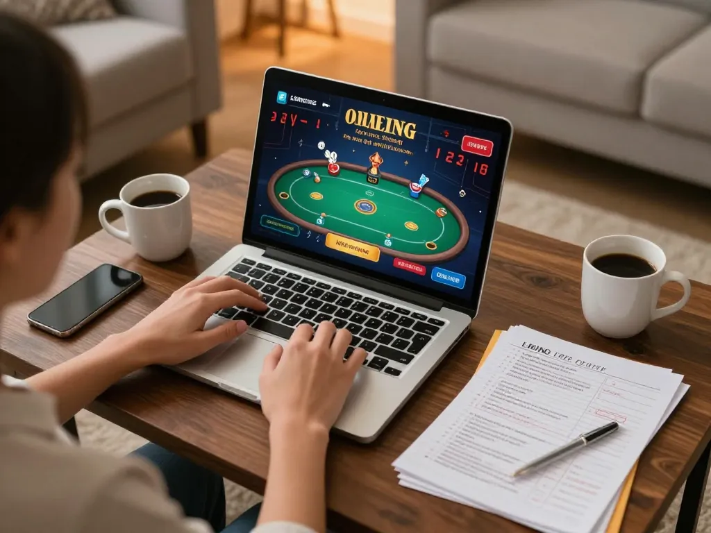 Engaging in online poker gameplay at home, utilizing a laptop while managing bankroll effectively on BL555.