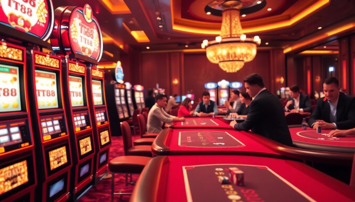 Exciting gaming scene featuring TT88 slot machines and poker tables in a luxurious casino.