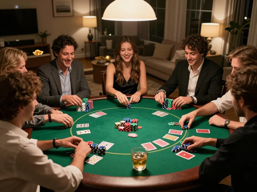 Friends enjoying a lively home poker night with ta88e, colorful chips, and cards on the table