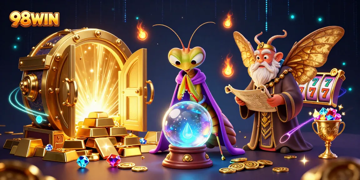 Engage with 98WIN's thrilling jackpot scene featuring vibrant characters and nostalgic slots.