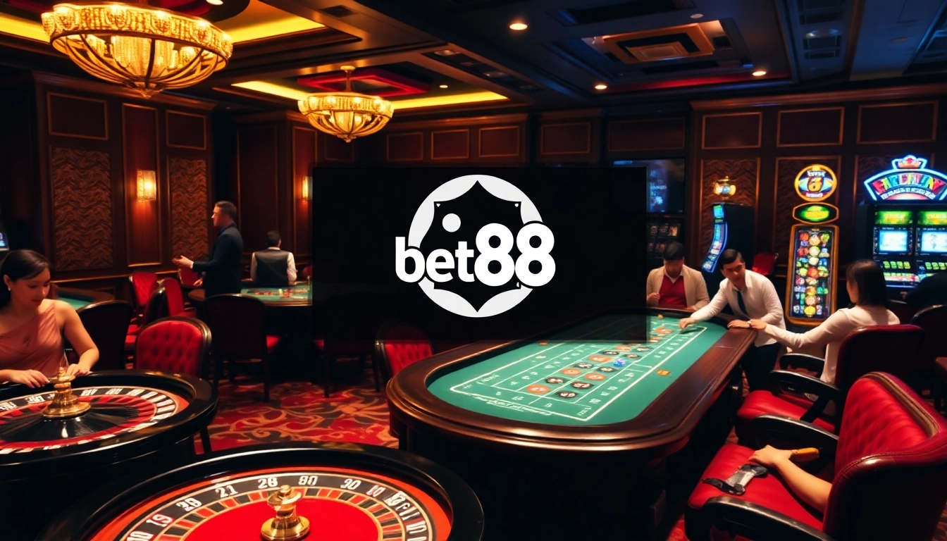 Experience a thrilling gaming environment at Bet88 casino with vibrant gaming tables and exciting betting action.