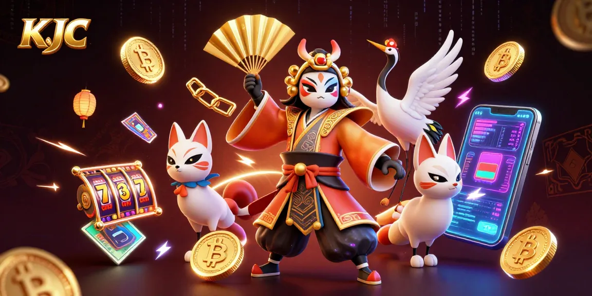 Win with KJC in this vibrant online casino scene featuring kabuki characters and crypto elements.