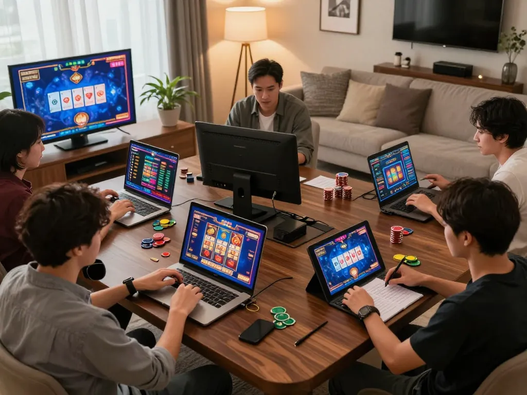 Engaging in online casino gaming on sin88, players strategizing at home in a cozy atmosphere.