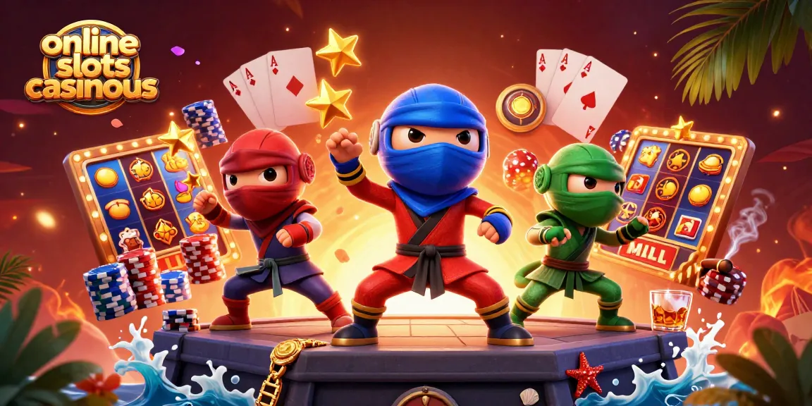 Experience thrilling online slots casinous with a dynamic scene of ninja chameleons amidst vibrant slot reels and poker elements.
