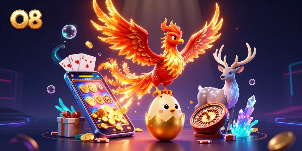 O8 showcases winning moments with a fire phoenix, vibrant slot games, and engaging casino elements.