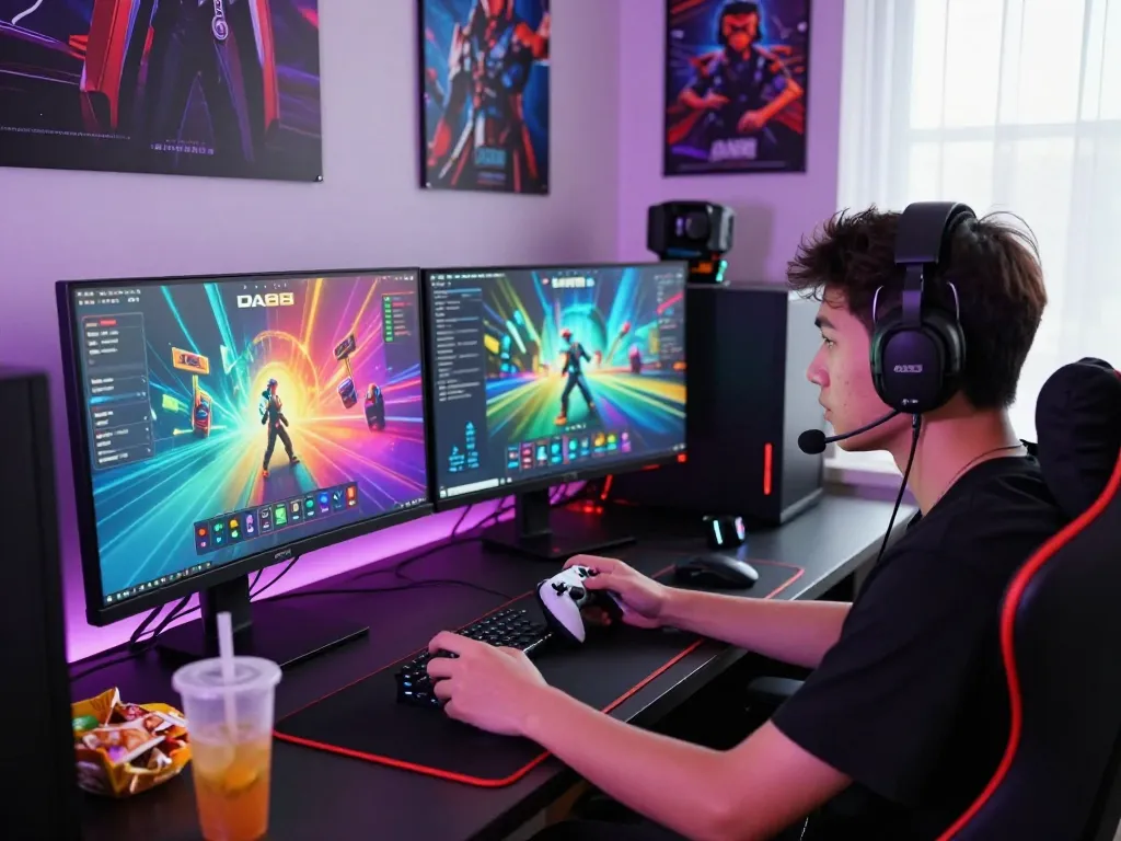 Exciting online gaming setup with DA88 interface and vibrant graphics in a cozy room.