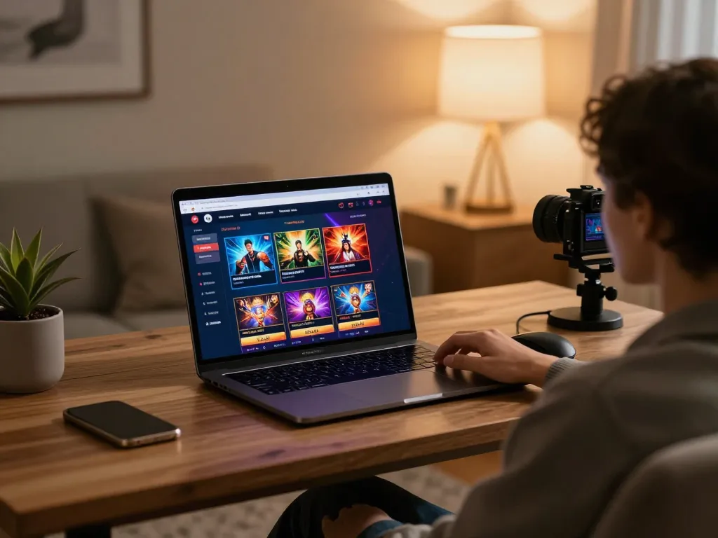 Play online casino games at home using sc88 on a laptop, showing engaging gameplay and a cozy atmosphere