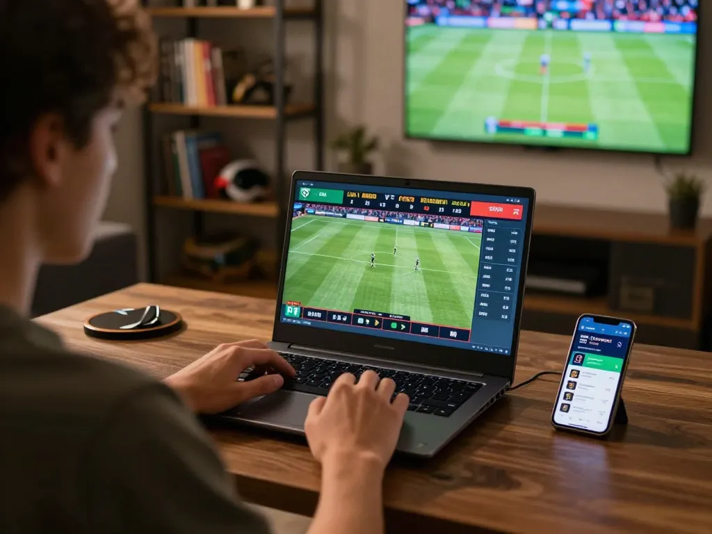 Placing wagers on 89bet through a laptop in a sophisticated home sports betting setup.