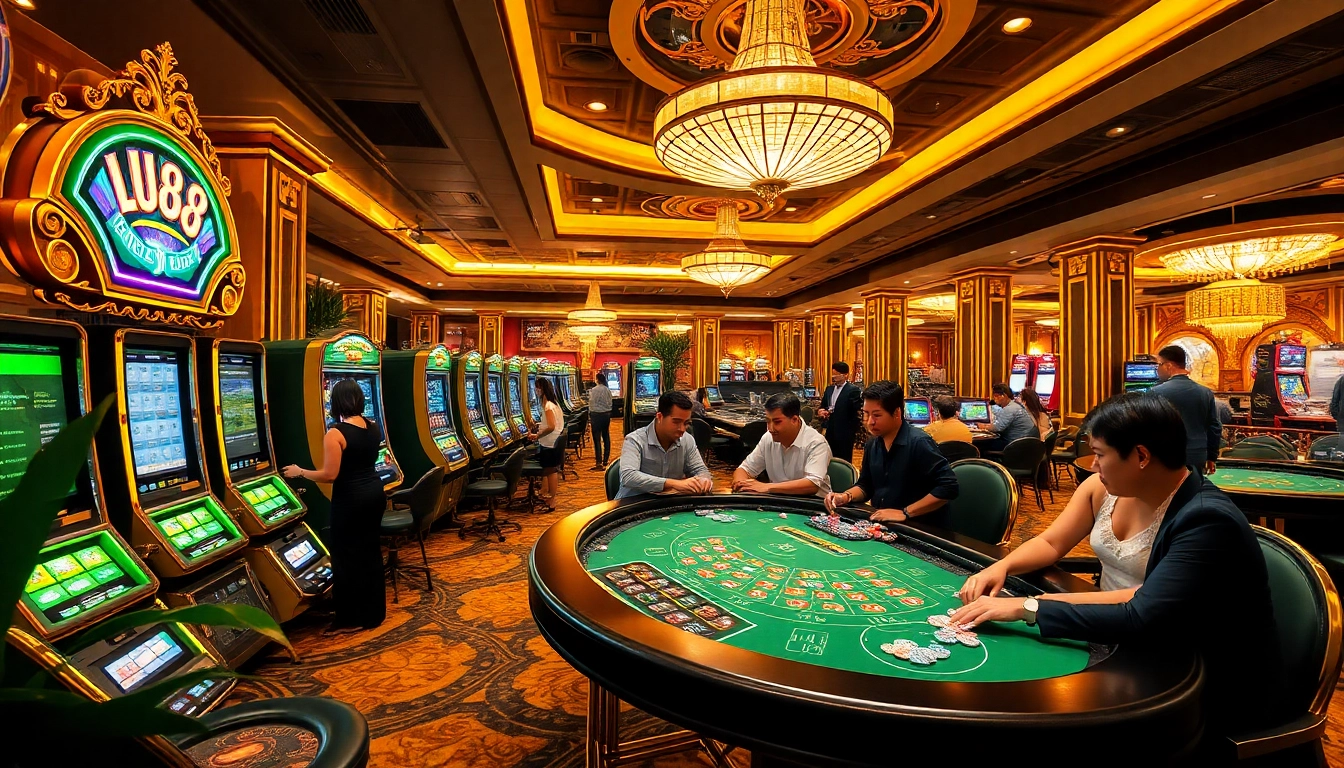 Experience the thrill of LU88 with vibrant slot machines and an elegant roulette wheel.