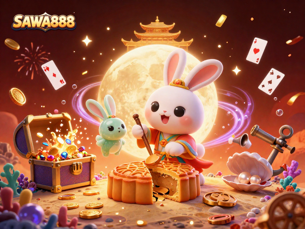 SAWA888 features the moon rabbit and jade rabbit creating golden mooncakes revealing poker chips, symbolizing gaming.