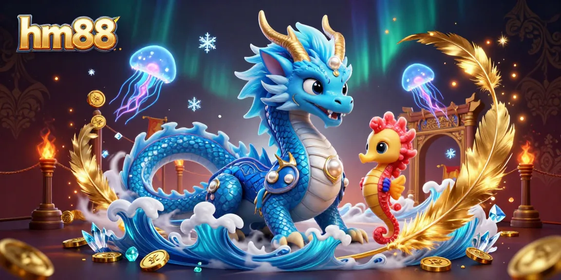 Spin the reels with hm88 in a vibrant underwater casino adventure featuring a water dragon and seahorse knight.