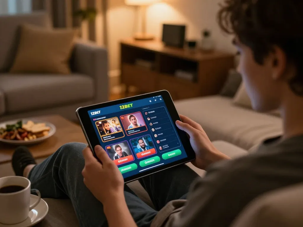 Người dùng Link 12bet thưởng thức cá cược trực tuyến trên máy tính bảng trong một không gian phòng khách ấm cúng