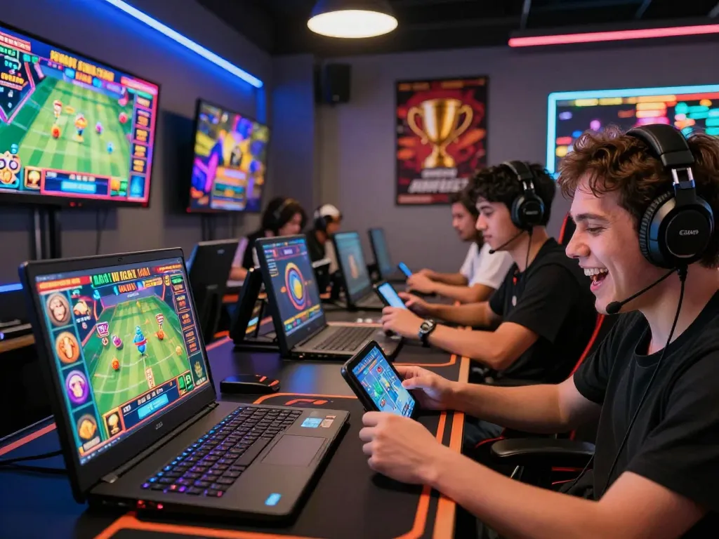 Gamers celebrating wins on https://open88.supply/ in a vibrant online gaming room with sports betting and slot games.