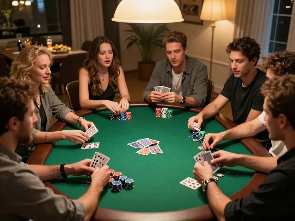 Friends playing poker at home for fun, enjoying strategic gameplay at https://9bet9.in.net.