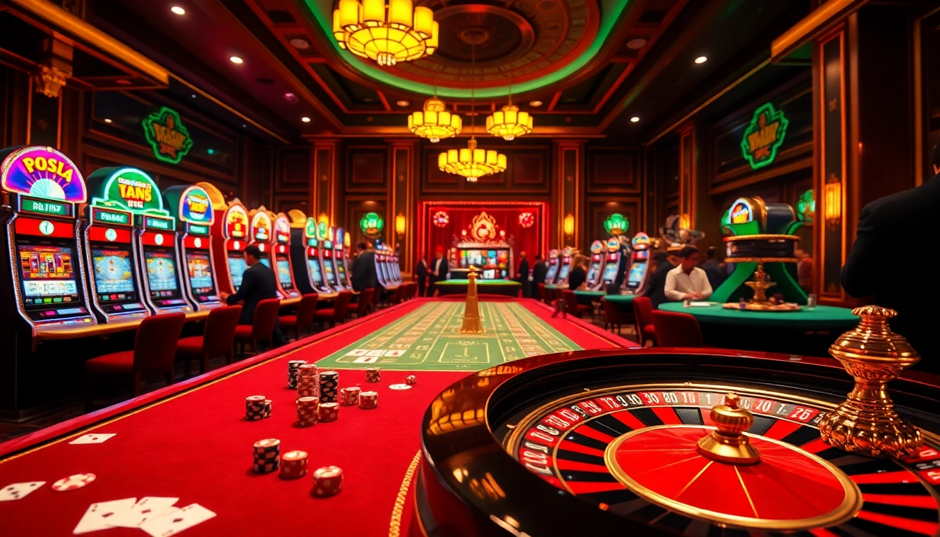 Players enjoying the excitement of casino games at 65A, featuring vibrant slot machines and roulette wheels.