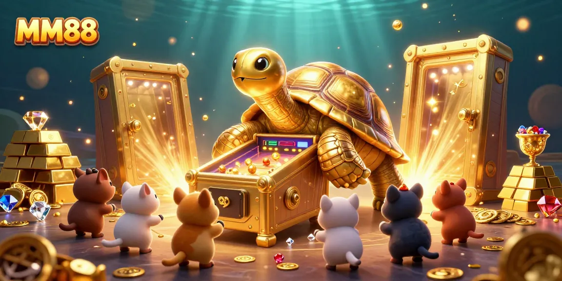 Experience thrilling jackpots at MM88's vibrant casino with a colossal tortoise pinball machine and golden treasures.