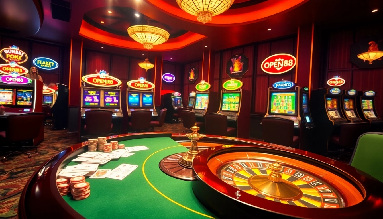 Experience the excitement of nhà cái OPEN88 with colorful poker chips and a spinning roulette wheel.