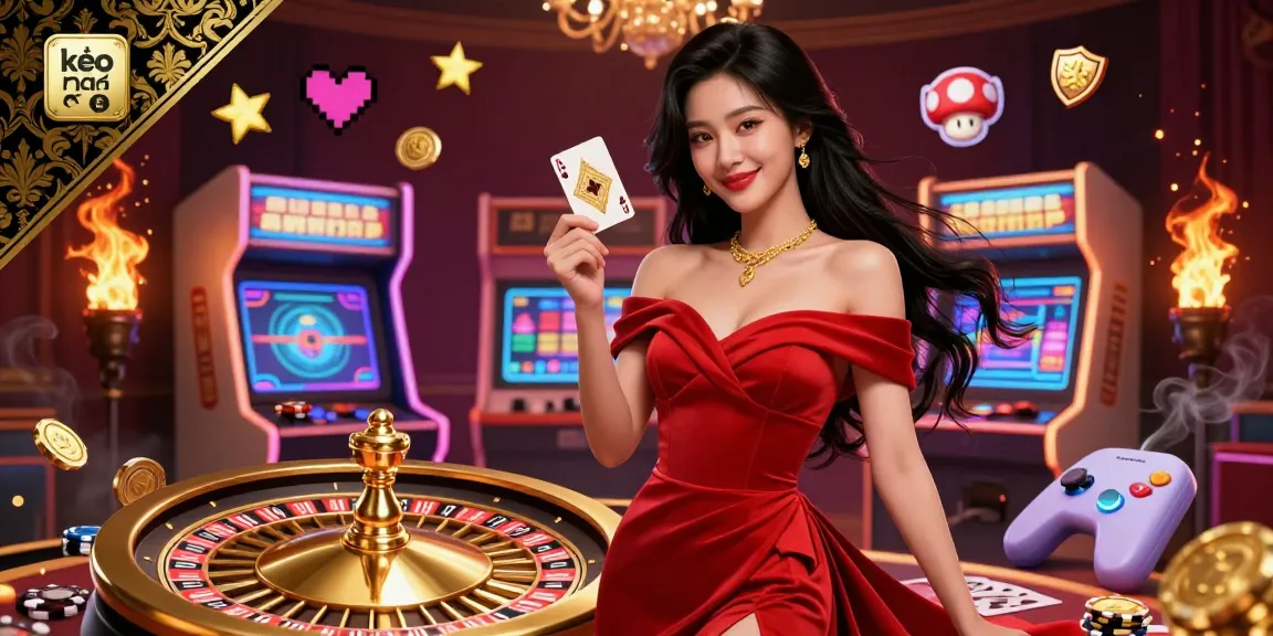 Experience the excitement of kèo nhà cái 5 with a vibrant 3D illustration featuring a confident woman in a glamorous pose by a roulette wheel.