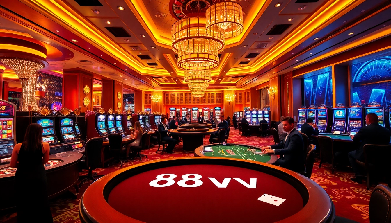 Gamblers enjoying a thrilling game at a luxurious 88vv casino.