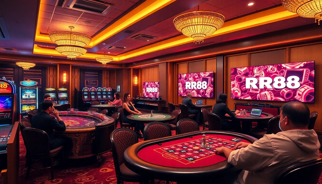 RR88 online casino highlighting players at poker tables and vibrant slot machines.