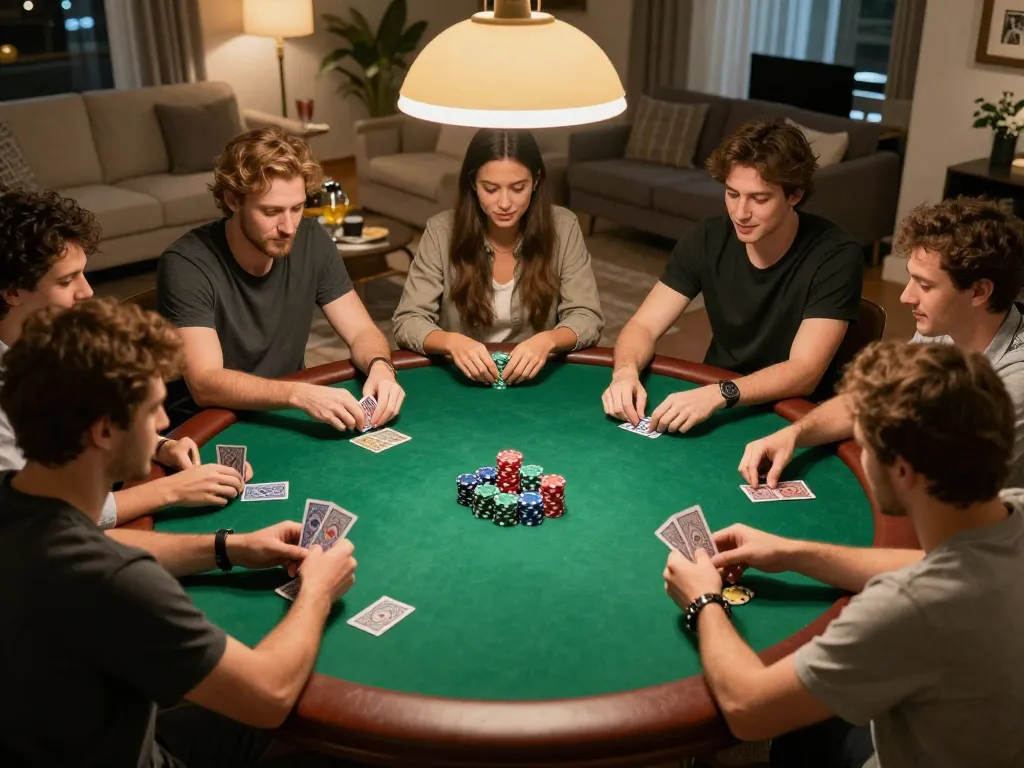 Bom88 players enjoying a thrilling poker night, deep in strategy with cards and chips at home.