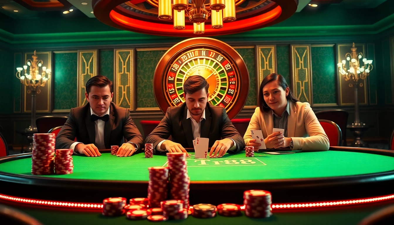 Engaging poker players at a casino table featuring the TR88 logo, surrounded by vibrant chips and a roulette wheel.
