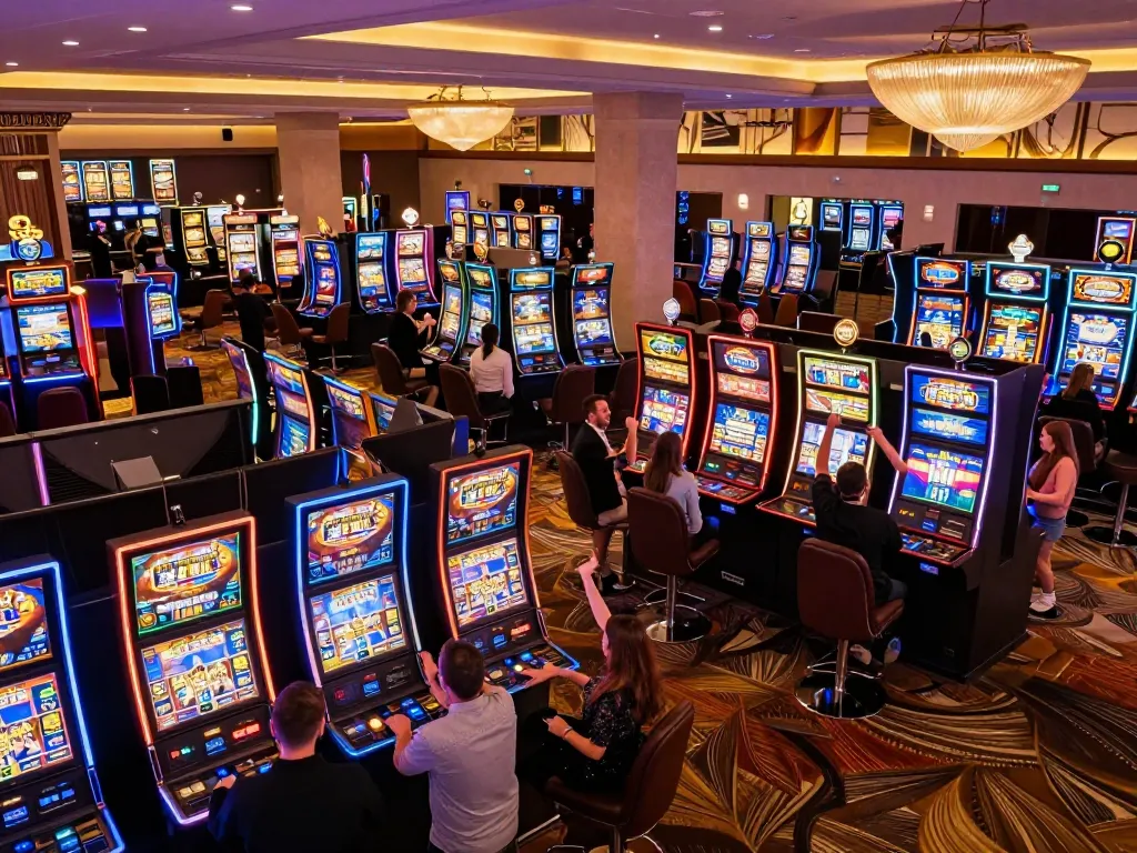 Sunwin slots area with players celebrating wins and vibrant, colorful machines